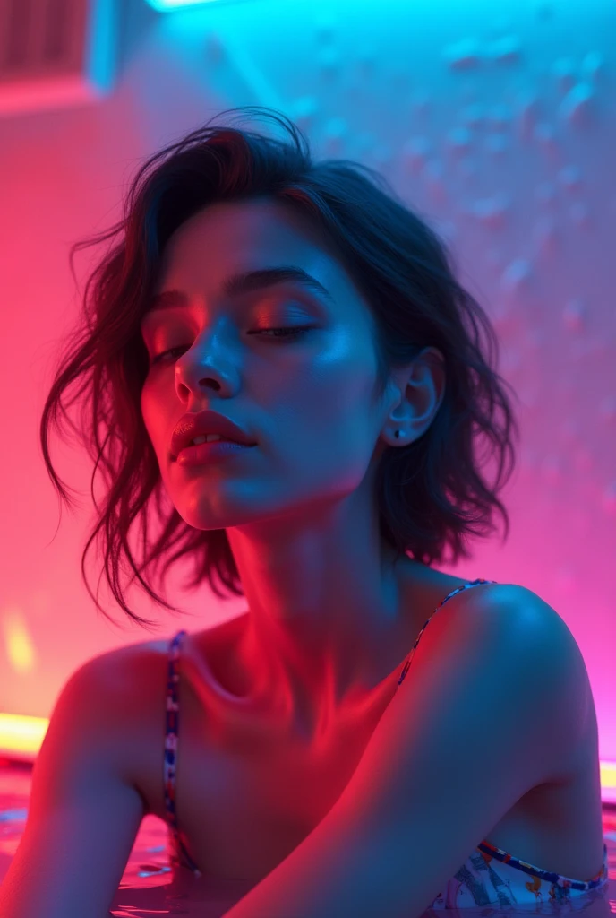 a closeup woman laying on the ground next to a orange neon, violet and aqua neon lights, forest with flowers blue, cinematic still frame, infrared film, closing eyes, long hair blue centred, red shift, <lora:abstractor_yiu_v10:0.5>