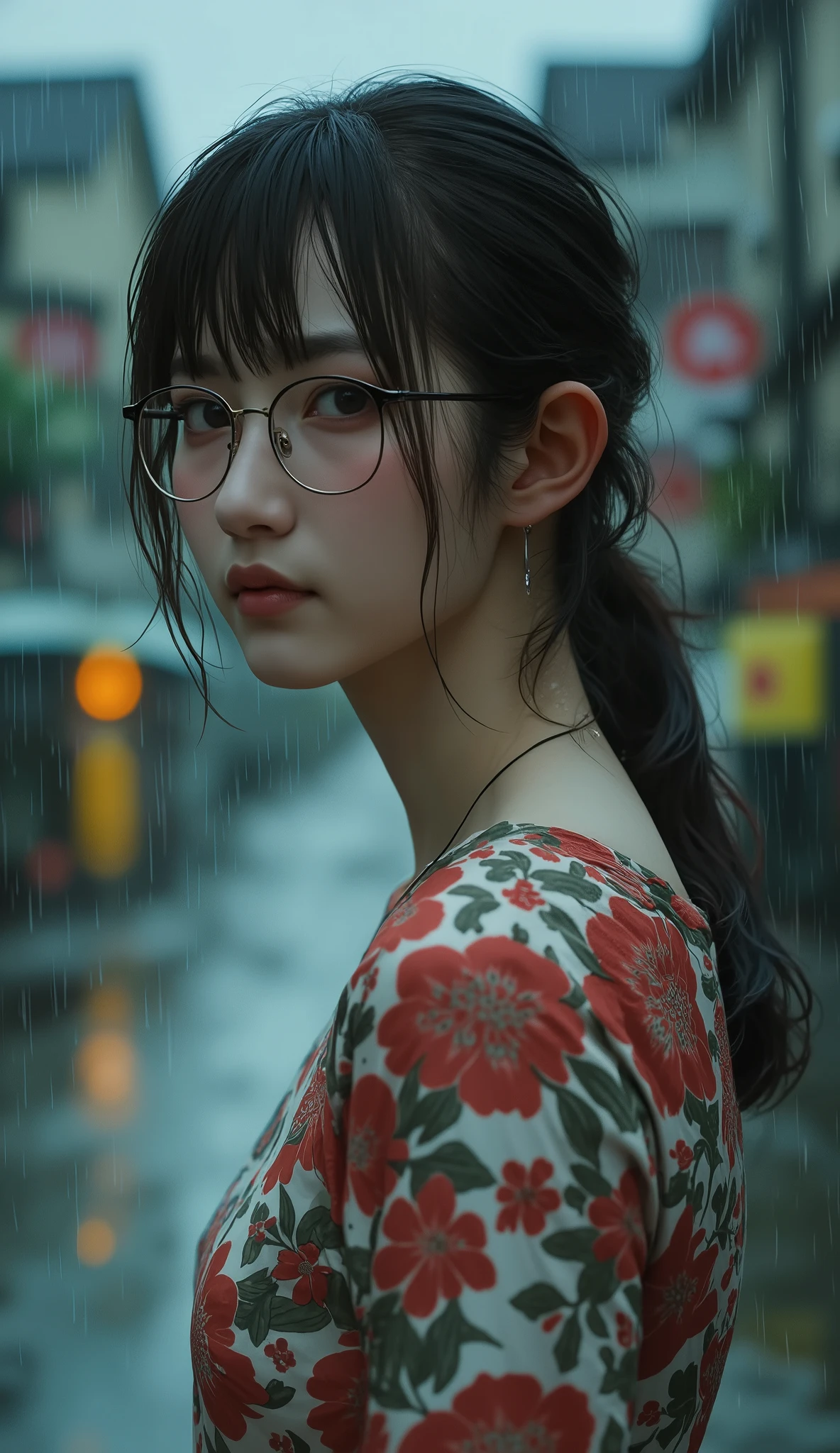((Highest Quality、masterpiece、high sensitivity、high resolution、detailed depiction、Delicate facial depiction、Fvalue:6.0),((Slender Woman、wearing glasses)),is advanced digital art、Floral Mini Dress 、makeup:(Light Blue Eyeshadow、pink rouge、orange cheek),It's a rainy day outside 、Clothes wet in the rain stick to my body and、I can see through the silhouette of my body、my glasses also have rain drops on them、