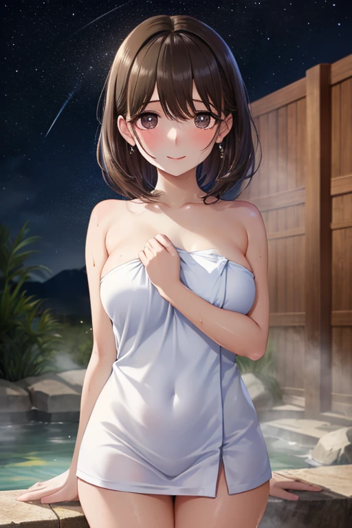 (Official Art、Highest quality、Unity 8k wallpaper、32K、masterpiece、Ultra-detailed、Ultra-high resolution、Realistic、Photorealistic:1.2)、(Cinema Lighting:1.2)、Fire Glow Effect、Film Grain、Best Shadow、Rim Light、Side light、Side Shot、(Highly detailed and intricate 3D rendering)、Sharp pupils、Realistic生徒、Cowboy Shot, Highly detailed background、Beautiful Face、Blurred Background、Beautiful girl、(Highly detailed skin、Detailed skin texture:1.3)、Milky white over a lake with a boat in the foreground, The endless universe in the background, 壮大なmilky way, 空にはmilky wayがある, 空のmilky way, Free space, milky way, Lost in the milky void, Really great images, milky wayエクスプレス, Space Photography, Galaxy in the sky, Beautiful space, Travel through the stars、bathing、bath towel、Immerse yourself in hot water up to your shoulders、Swimwear、２０Beauty of the Year、Beautiful black hair、Blunt bangs、The eyes are brown、A happy smile、From behind、Hips、Beautiful back、
