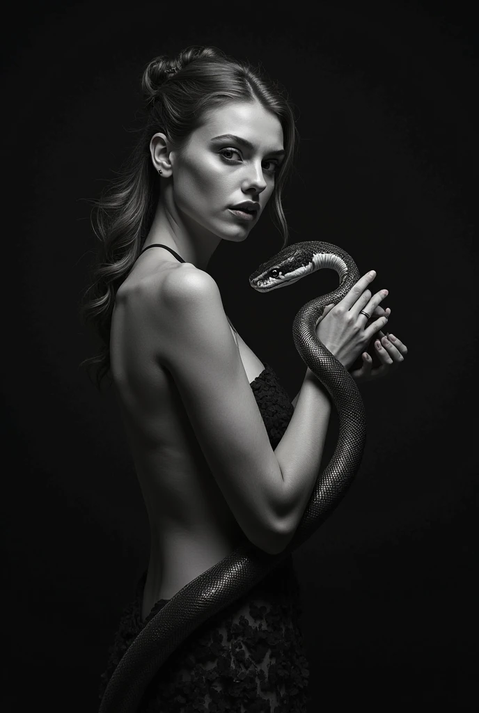 a beautiful woman whose upper body is a naked human body and her lower body is a snake body, display her with great precision.