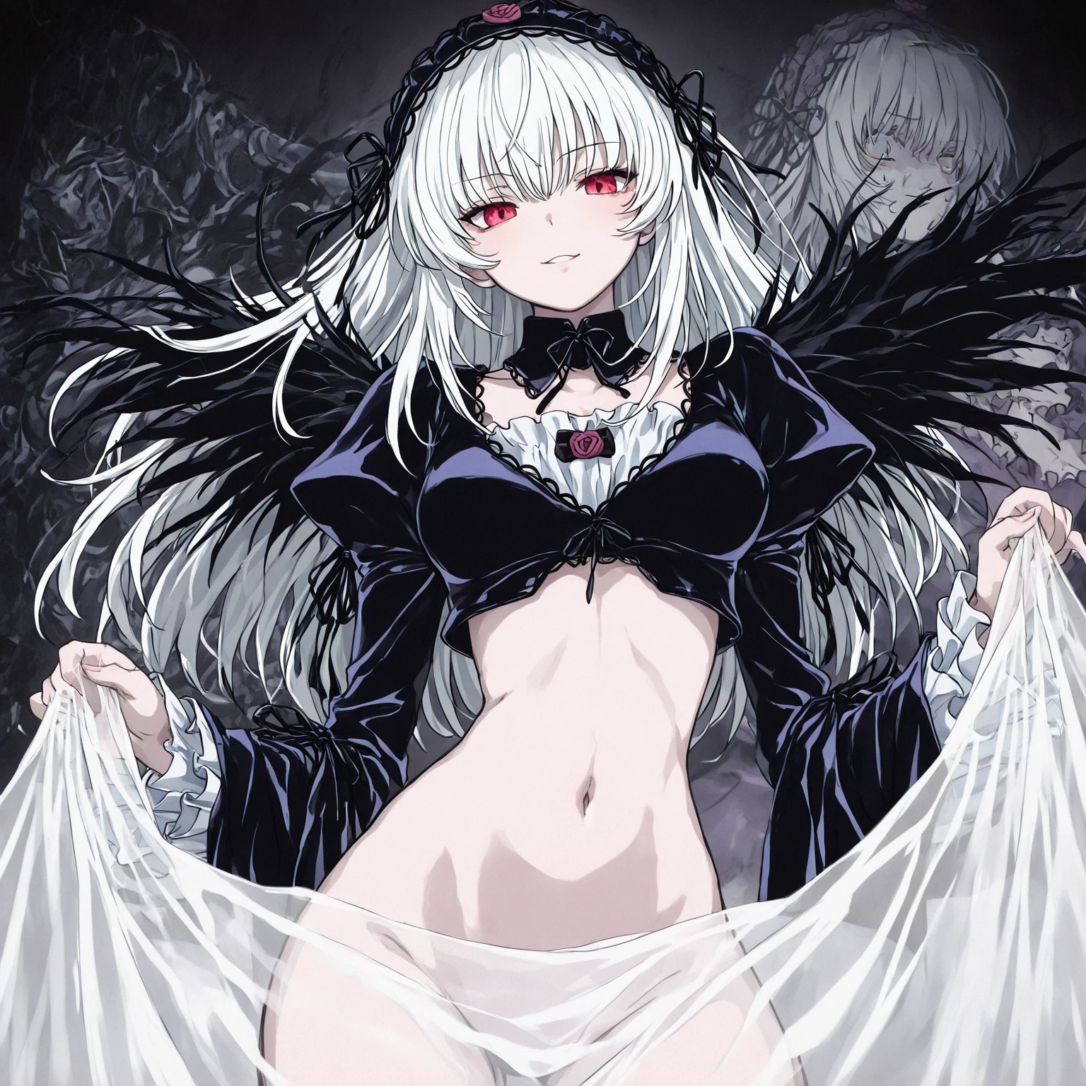  ((best quality)), ((masterpiece)), (detailed), 1girl, Character design, female, dynamic poses, long white grey hair, grey white eyes, very skinny, detailed, best quality, no accesoires around the neck, no shoes, prominent collarbones, skinny arms, flat stomach, visible hip bones, full body, blank white background, plain background, white background, red and white clothing, Bloodborne inspired, occult aesthetic, occult, detailed and intricate steampunk and detailed gothic, NSFW, Very dramatic and cinematic lighting, cosmic horror, grim-dark, side-lighting, perfect face, NSFW, Fluttering lace flared long knee length dress with frilly petticoats, knee length dress, pleated petticoats, petticoats gothic, complex lace boots, side-lighting, gothic aesthetic, wielding a mighty sword with mechanical components, mandalas, small breasts, a fairy, various different types of insect wings, NSFW, full body, whole body, body, plain background, white background, blank background, no background, white background NSFW, chains, full body, whole body, head-to-toe NSFW 