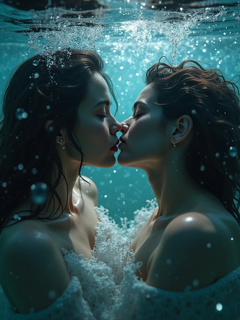 (photorealism:1.2), beautiful celebrity voluptuous black woman in lingerie kissing a younger teenage Caucasian girl in a swimsuit underwater in a pool at night