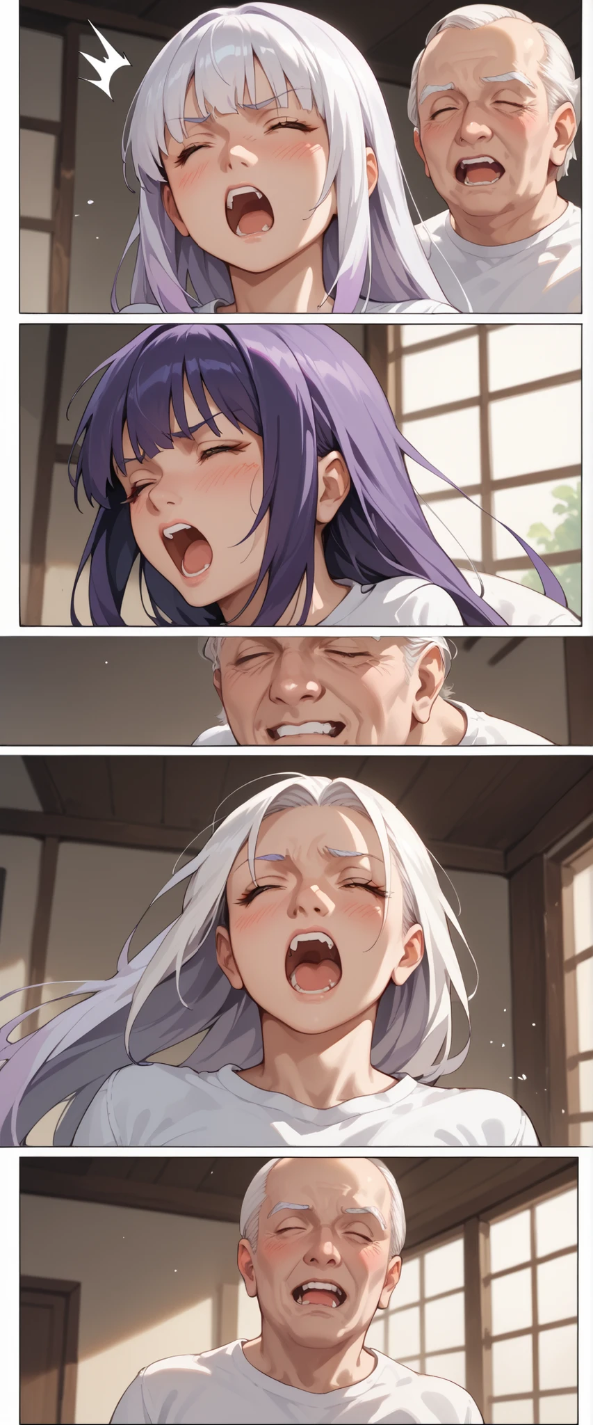 ((MULTIPLE PANEL COMIC ))please generate a multiple panel comic of old woman expression. , Woman(,purple hair, bangs, white t- shirt, straigh hair, long hair, bob, pale skin, screaming angry, blushing , eyes closed) (( old man, surprised, white hair, behind the woman))((old man behind her,old man behind))