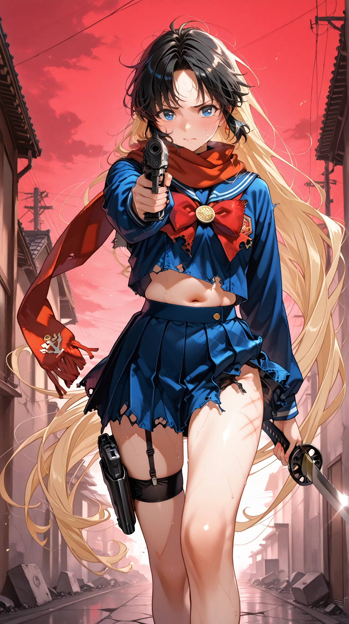 hyper realistic photography, teasing image, mysterious backlight face shade of fictional character: an edgy caucasian girl with band aid on her cheeks, buzz cut blue hair, wear russian furry hat with patch & badge, cool weird expression, wear wet white t-shirt with target pictures, showing big breast & transparent nipples, wear jeans shortpants & net stockings, wear military boot, cool posing and hold a detailed bazooka, rustic backgrouund, sparks, dystopia mood, detail and perfect anatomy body, hand & fingers, detail texture & design of weapon--style raw --v 6.0 8k,Realistic Skin Texture、Superrealism、Realistic Photo、A futuristic Japanese female soldier stands amongst rubble、Damaged moss green metal armor、Skull mark painted on armor、Painting of the unit and identification number、Peeling paint、Oil stains、Energy Rifle、fighting spirit、Detailed Description、Dynamic pose
Realistic portrait of the protagonist of the anime Sailor Moon (Super detailed,ultra high resolution,detailed background),((2D)),((flat color)),((colorful)),((floating colorful water)),1 girl,alone,looking at the viewer,break masterpiece, Highest quality, Portraiture, One Girl, (Alice in Wonderland:1.2), Blue clothes, White apron, Blonde, blue eyes, Usagi, Trump, Tea cup, White lace thigh high socks, Miniskirt lift, Dynamic pose,Electro Swing