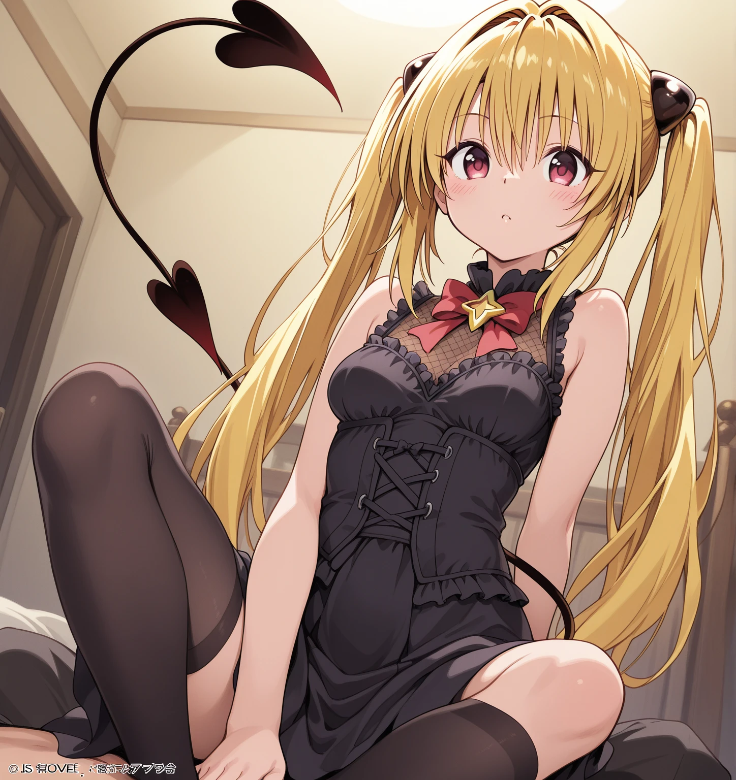 (Perfect Face, Detailed face, Beautiful Eyes,Perfect hands,Perfect Fingers)、Red face、((vapor))、hot、((konjiki no yami, ph Yami))、Maternal, Foot, alone, 1 Girl, Blonde Hair, Red eyes, Long Hair, Black hair ornament, Big eyes, Masturbation,A flushed expression、Dirty face、Expressionless、 (masterpiece:1.2, Highest quality), (細かくてBeautiful Eyes: 1.2), (Beautiful and dense face), (Sharp facial hair between the eyes)、Black lace dress、Underwear is visible、, Grinding, Transparent panties、Large Breasts、Neon lighting、Looking up