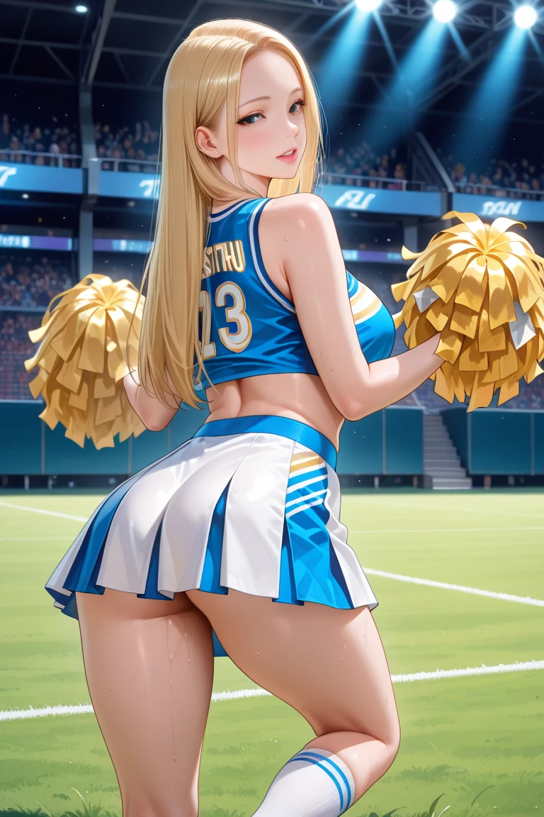 (masterpiece:1.5), (top-quality:1.5), (16k wallpaper:1.2), (Photo realistic:1.2), (ultra-detail art:1.2), (high resolution:1.2), (Highly detailed and realistic skin:1.2), (she spreads her slender legs), asuna, blue eyes, long hair, halo, hair over one eye, 1 cheerleader, Very detailed and beautiful sharp eyes, Powerful and beautiful eyeshadow, (Slender woman with body shape:1.2), Natural Color Lip, (long blonde high ponytail covering one eye), (white sleeveless cheerleading shirt:1.2), nsfw, (Ahe-face:1.3), (Overflowing sperm:1.2), (teal cheerleading miniskirt:1.2), (cum in pussy:1.5), track-and-field arena, ((mob cheerleaders))