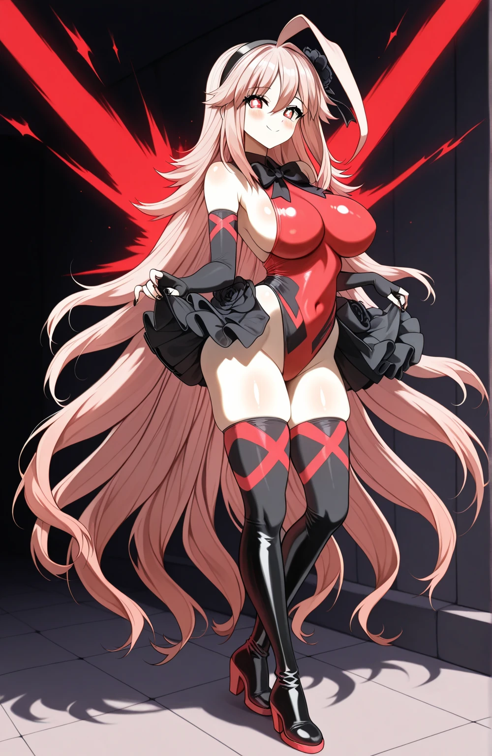 perfectanatomy,ultra detailed,(1 girl), (pink long hair, shiny hair),(shiny_skin), devilhorns,(large bat wing), body suit,see-through,stylishpose,pole dance, pink eyes
