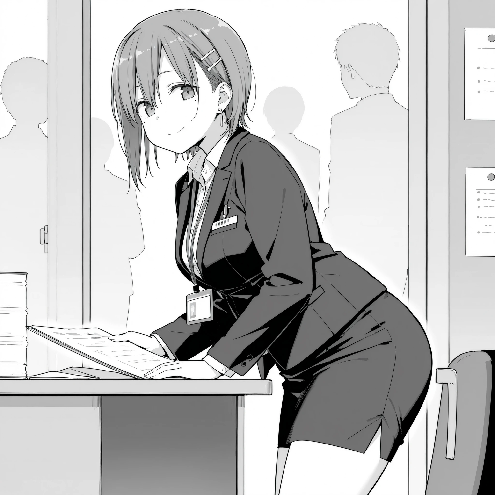 score_9, score_8_up, score_7_up,source_anime,uncensored,uncensored, 1girl,
, office lady, mole, mole under eye, , , , earrings, lanyard, id card, , jewelry, hair ornament, hairclip, skirt, short hair, multiple , shirt, pencil skirt, , , , Tawawa-style, monochrome, grey theme, greyscale, chubby, , smile , , standing, from front ,, desk, hands on side, open eyes wide, black jacket, closed mouth, ,, twinkle effect, holding document on one hand, closed mouth, eyes looking right sides,