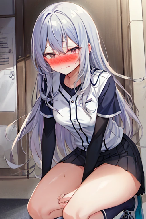 1girl,long hair,blue hair,purple eyes,twintails,vibrator in thights,black tights,tight t-shirt,collar,leash,embarrasment,looking away,blush,at the school empty corridor