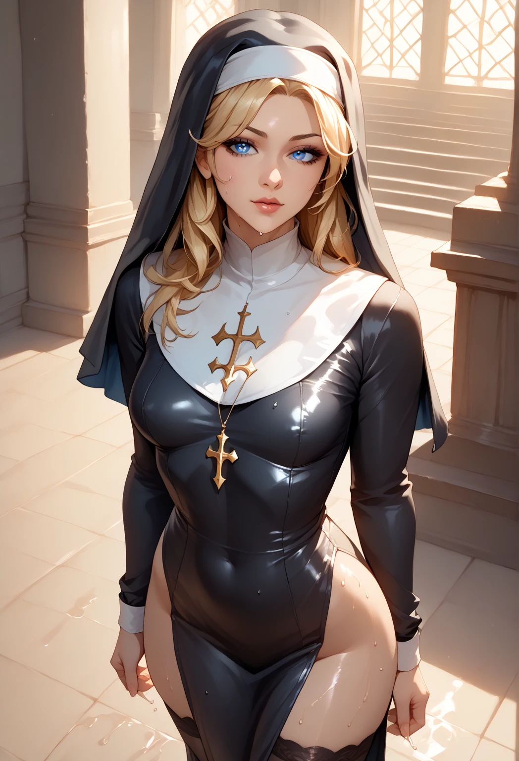 one American girl, green eyes, long light purple lilac hair, plump lips, big chest, hard nipples through shirt, in church, wearing tight black and white latex nun costume, soft muscles, crucifix, cross necklace, black latex nun habit, close up+, masterpiece