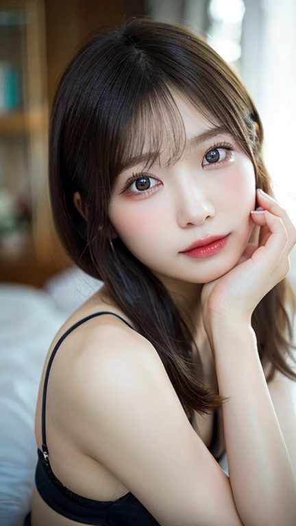 Highest quality, Very detailed, finely, High resolution, 8k wallpaper, Perfect dynamic composition, Beautiful and exquisite,ランダムなcute髪,,Natural color lip, Bold sexy pose,smile、20-year-old girl、cute、Looking into the camera,Perfect and beautiful face,Slim face and figure,Big eyes、Gal Makeup,Small face,Shooting from below、smile,Blurred Background,Elegant feminine face、Change pose randomly、Randomly change the shooting angle and position、smile、Top to bottom々Shoot from the right angle and direction、Sexy Face、On all fours、On the bed