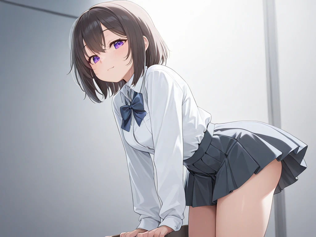 Yukimi, 10., Blunt bangs, ,Shortcuts,Black Hair,,Flat Chest, Expressionless, shy, whole body, Highest quality, School classroom、Angle from below、stand、(Small panties:1.4)、(Masturbation:1.4)、Embarrassing,Hands Behind Back