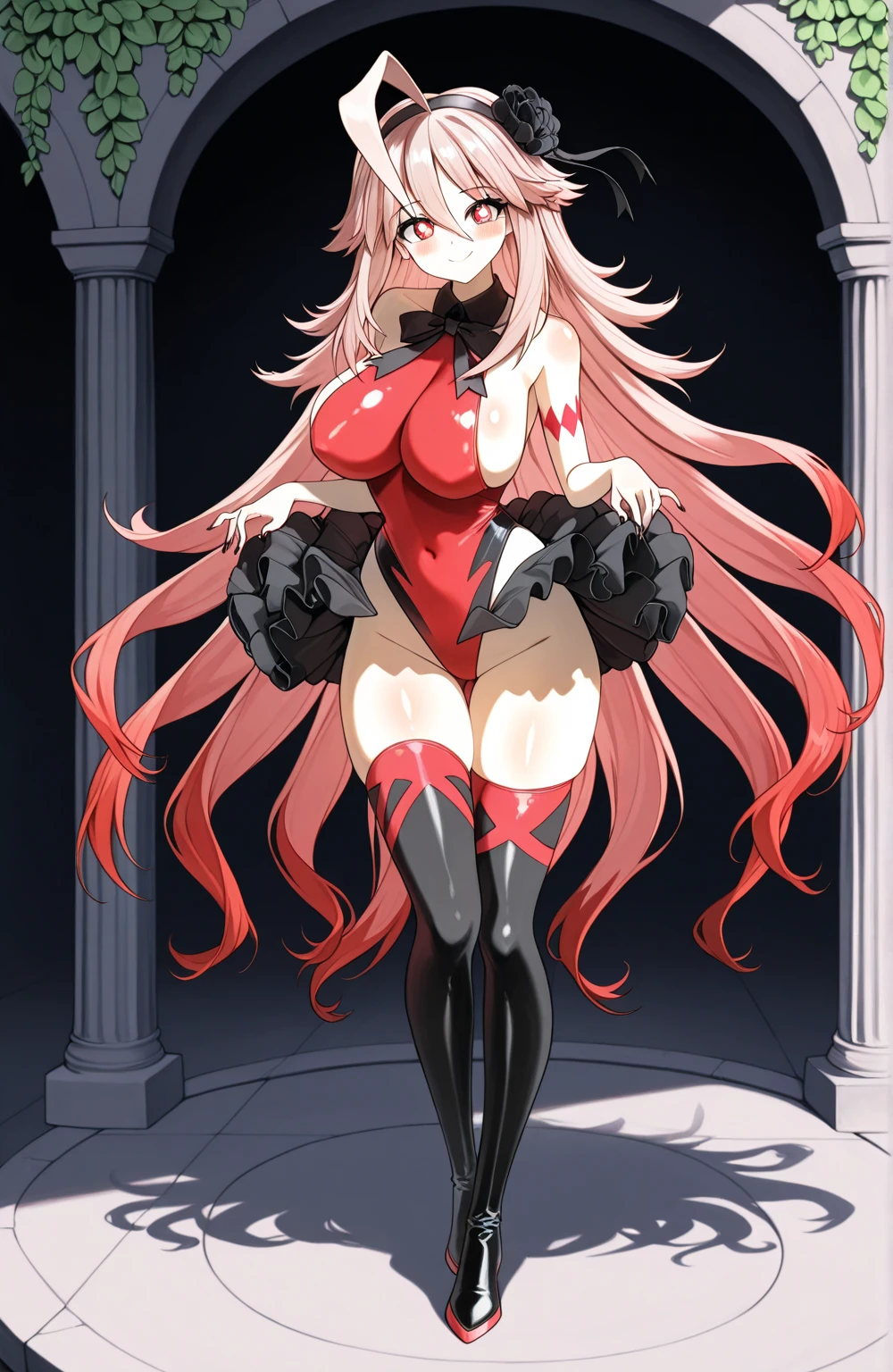 Chain bikini, chain crown, bare belly, big breasts, red hair, red eyes, chaos