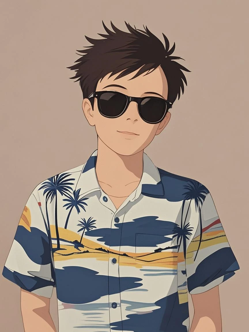 There is a boy standing high on the grass, wearing sunglasses, eating lollipops in the field, in the style of Wong Jiawei, filmed in prime time, little boy, cute boy, in the field, wearing sunglasses, music video, on the grass, wearing a Hawaiian shirt, on the high grass, with cool poses, on the grass --auto --s2