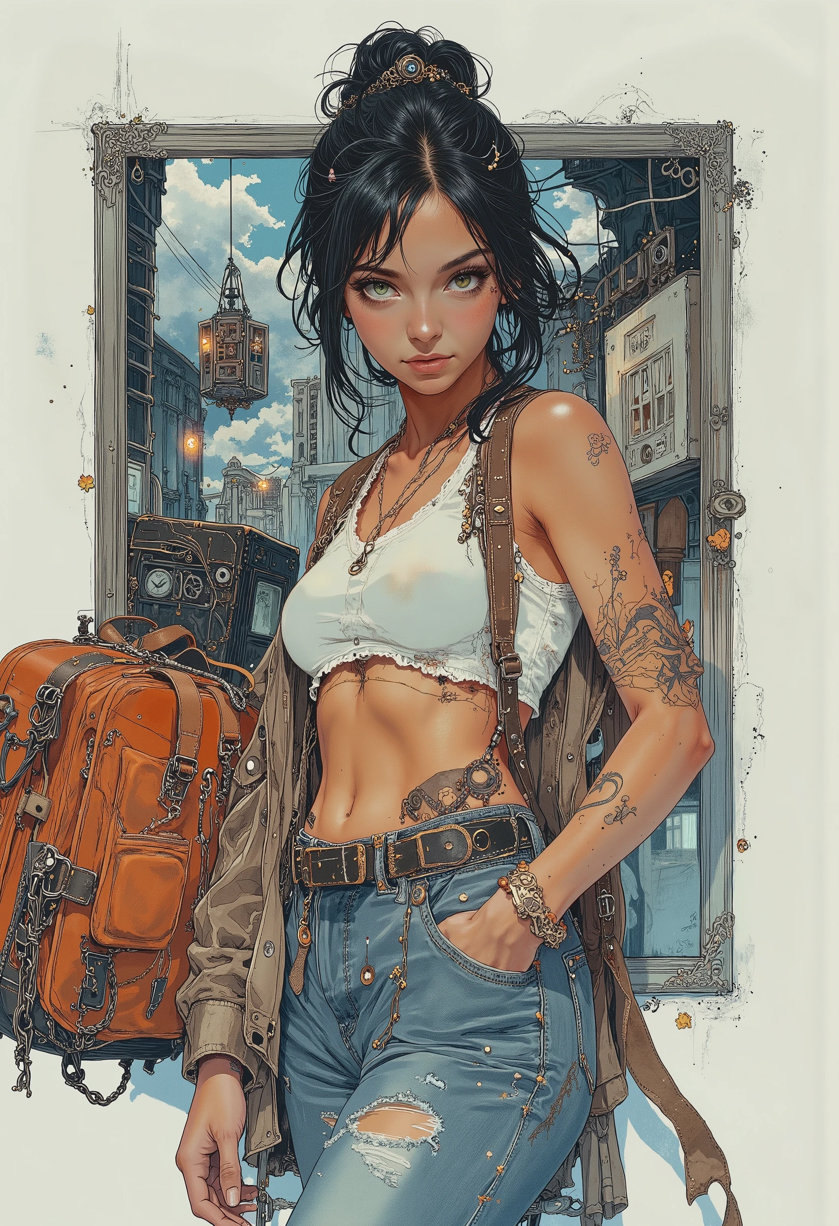 S1n0z1ck style, tanlines, tan, A backpack full of luggage、 denim micro pants 、mini tank top, exquisite digital illustration