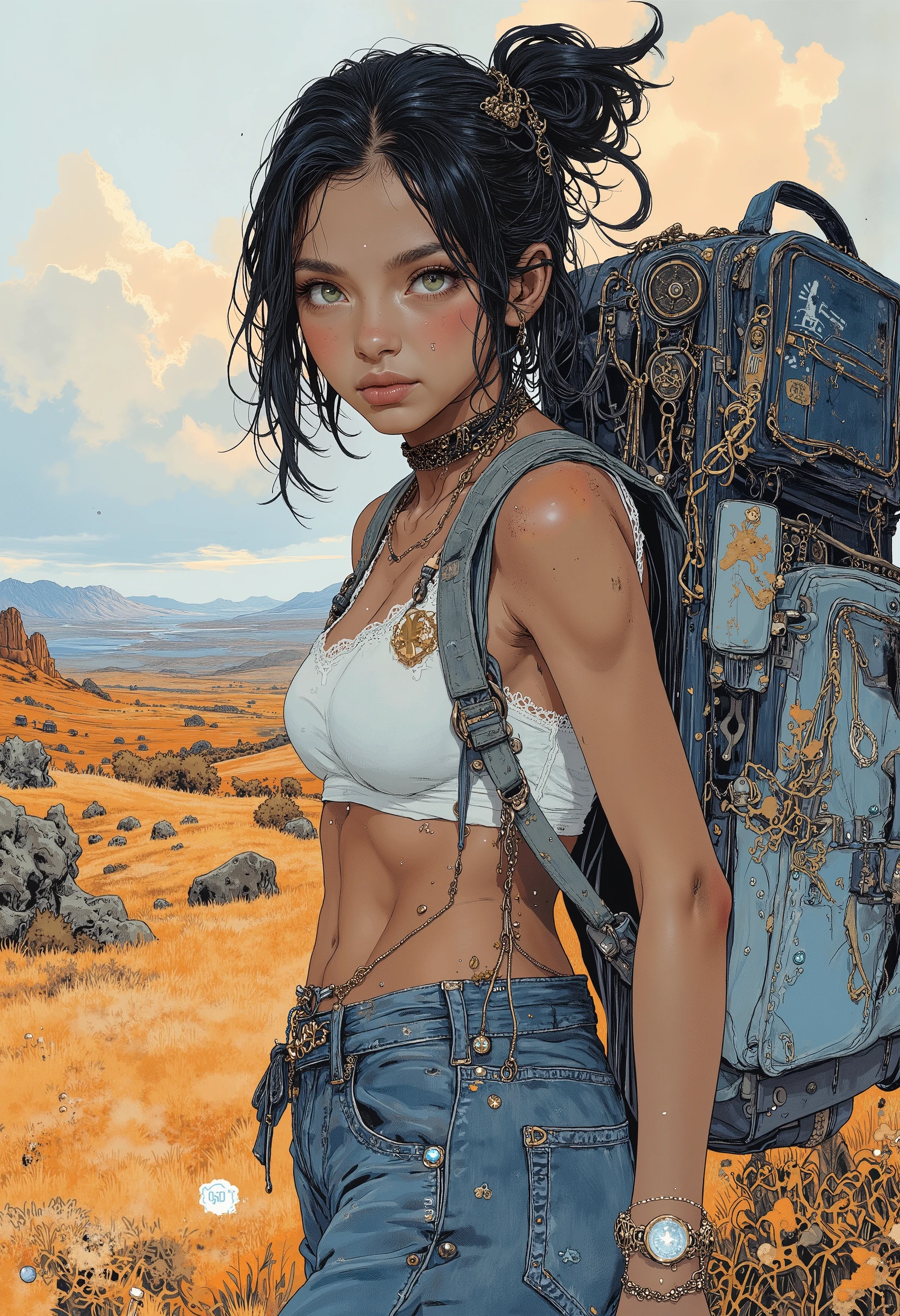 S1n0z1ck style, tanlines, tan, A backpack full of luggage、 denim micro pants 、mini tank top, exquisite digital illustration