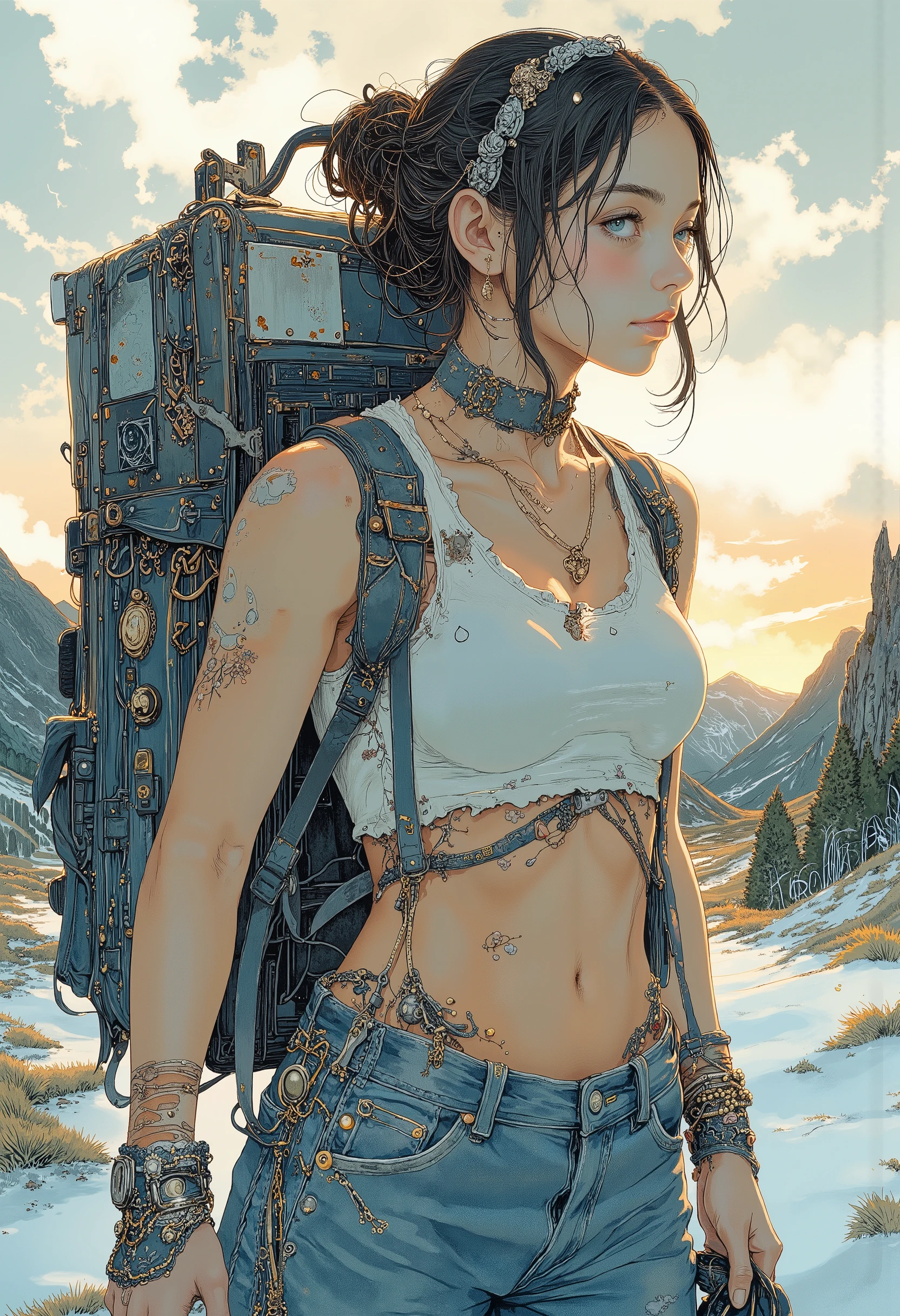 S1n0z1ck style, tanlines, tan, A backpack full of luggage、 denim micro pants 、mini tank top, exquisite digital illustration