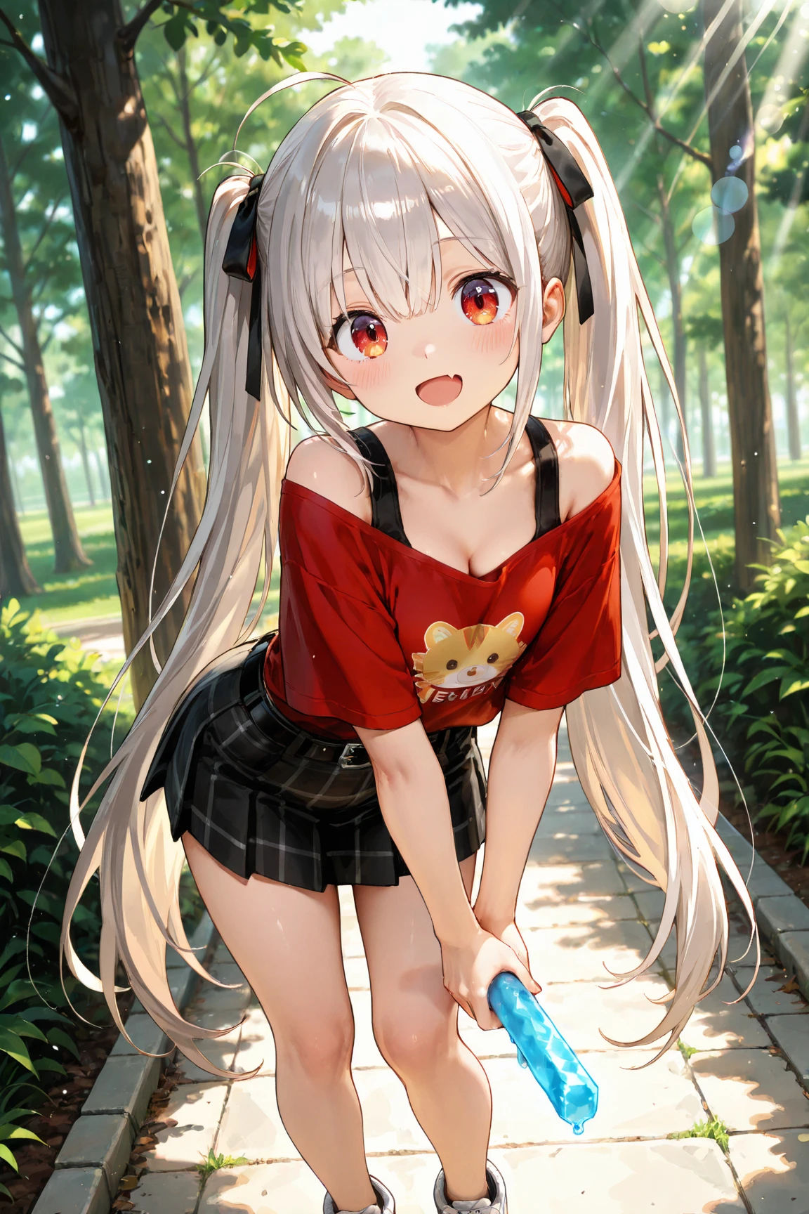 best quality,1girl,((big breasts:1.3)),((((loli,10 years old,,little girl:1.5)))),curvy,orgasm,blush,red eyes,((silver hair,long hair,twintail:1.3)),hair ribbon,red ribbon,((white tank top,red skirt,mini skirt,lift skirt,upskirt,white panties,black thighhighs:1.1)),((walking1.3)),see through,garden