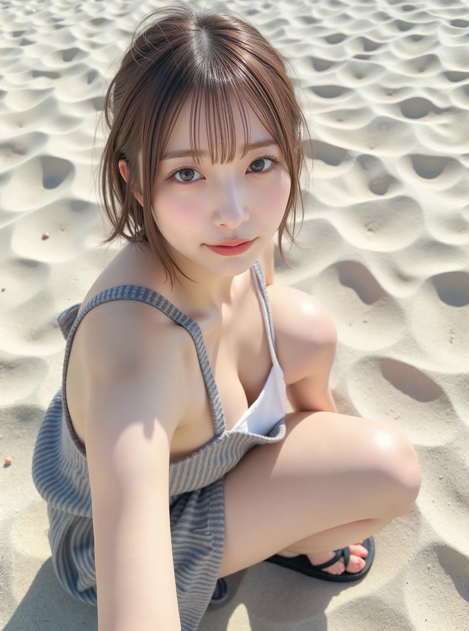 Fide woman wearing skirt and high heels sitting on the beach, 奈良美智, chiho, Young and beautiful gravure idol, Amano Ayumi Kojima, Japan goddess, realistic Young gravure idols, sakimi chan, Young gravure idols, Young gravure idols, Exquisite gravure-printed idols,