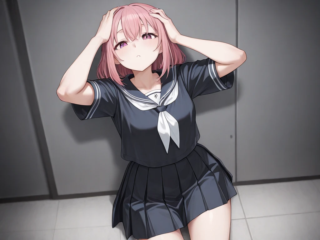 1 girl, alone, Hitori gotou, long hair, pink hair, nervous, embarrassed, sexy body, looking at viewer, head on, focus on breasts, point of view (from above), blushing, blue eyes, big breasts, waist stocking, wide hips, medium thighs, stage, microphone, show, long sleeves, hair between eyes, standing, mouth closed, pink hair, Katyusha white, black maid outfit with white details, cleavage, black stockings, perfect anatomy, perfect hands