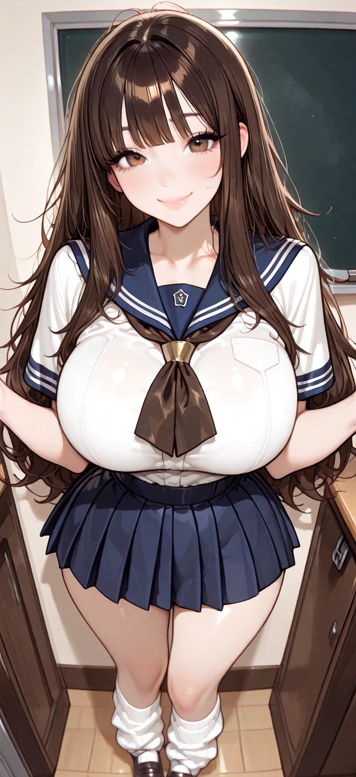 (8k, RAW photo, best quality, masterpiece, soft cinematic lighting, soft color:1.4),(ceiling, iook at camera,under focus:1.5), (realistic), (indoor background), (solo, mature woman,19years old:1.3), (sailor uniform,underboob,white low-cut miniskirt :1.3), (embarrassed,red Cheeks:1.2), party chignon bronze color hair, clean skin, (smaller butt:0.9),(huge long wide heavy breasts:1.3), (thick, curvy:1.3),(very skinny:1.3)