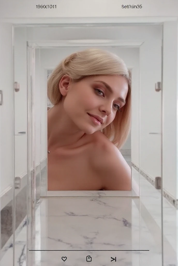 RAW photo of pretty, white, 24yo woman, 1girl (nude:0.9), bleached blonde hair, dark eyebrows, bangs, indoors, mirror, skirt, pleated skirt, reflection, from behind, looking at mirror, high quality, film grain, smile on your face, hands above head straightens hair, Without clothing