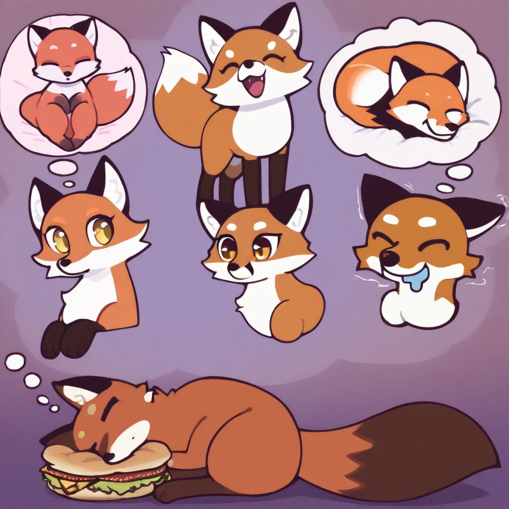 red fox, cute, beautiful, feral, digitigrade, yellow eyes, smiling blissfully, drooling, sleeping fox, eyes closed, curled up, thought bubble, dreaming, in the thought bubble: the fox is salivating over a delicious chicken sandwich it found in the dream, chicken sandwich