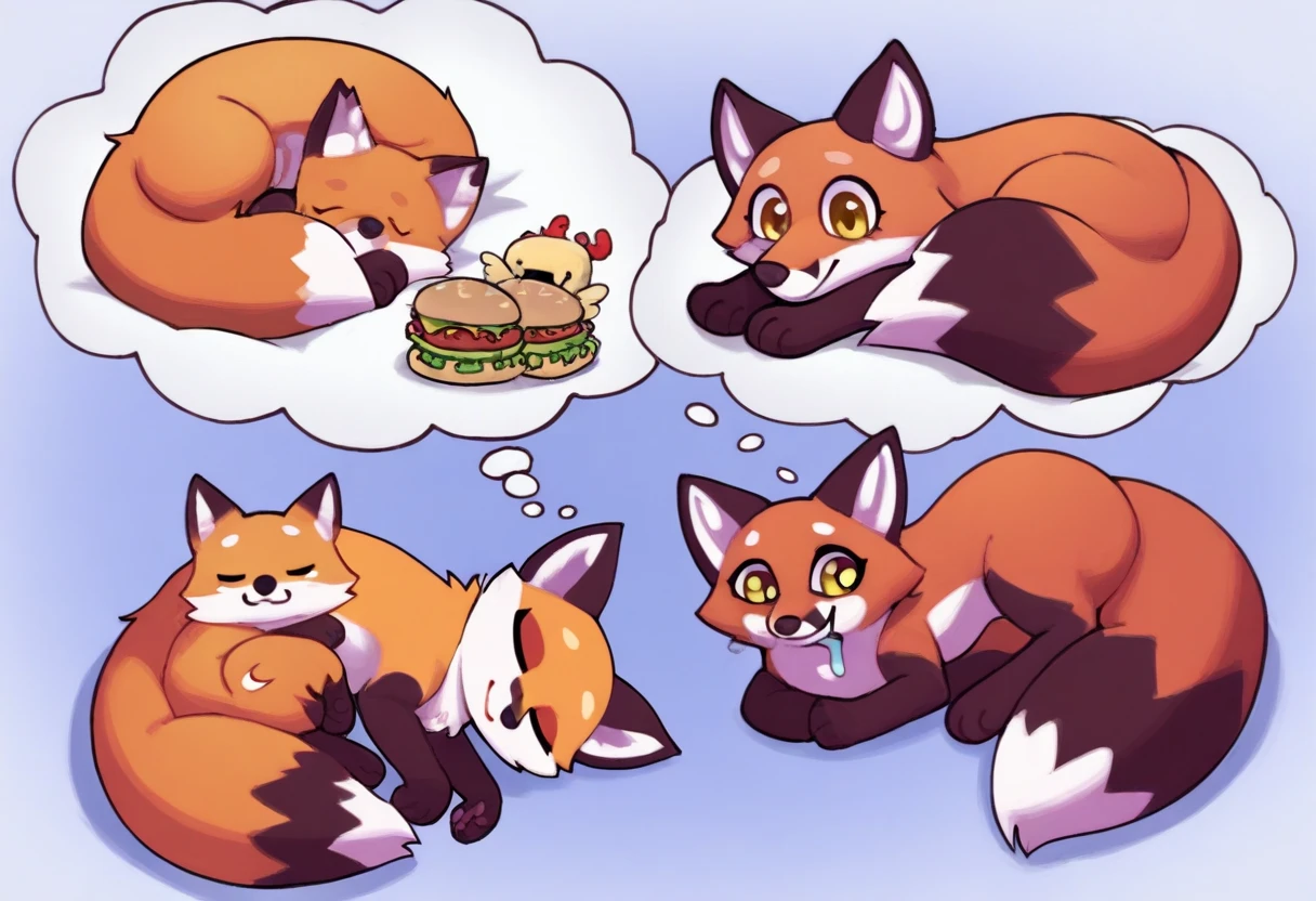 red fox, cute, beautiful, feral, digitigrade, yellow eyes, smiling blissfully, drooling, sleeping fox, eyes closed, curled up, thought bubble, dreaming, in the thought bubble: the fox is salivating over a delicious chicken sandwich it found in the dream, chicken sandwich
