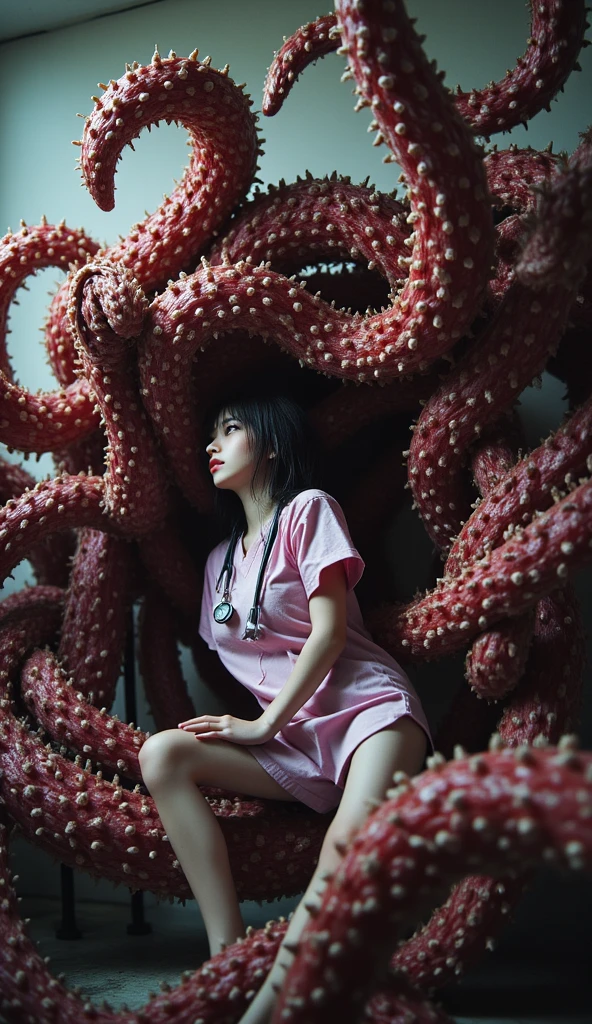 Highest quality、8k、masterpiece、Realistic, Sharp focus, High resolution, High resolution, Portraiture, alone, Japanese,  Beautiful woman, From above,((Dynamic pose)),Blouse with cleavage visible, Glamour body,(Cluttered Background,Tentaclesが 散らかった部屋:1.3), Dark Background、((Open your mouth、close your eyes)),(((Octopus、Tentacles)))