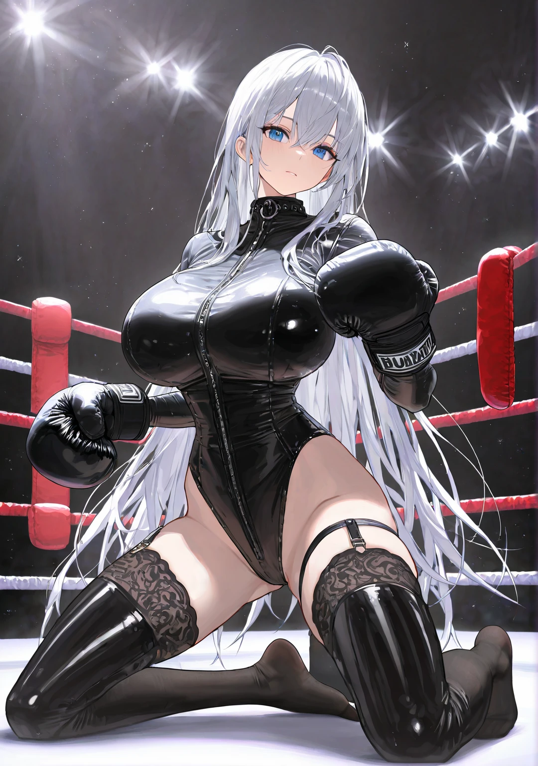 A slim Korean beauty,Good shape,Pretty Face,detailed picture, blush,White long hair,wearing boxing attire,Wearing black suspender stockings,No shoes,Wearing black boxing gloves,Wearing black sleeves,Kneeling in the boxing ring,Large Breasts,Cleavage,Thin legs,nipple,Camel toe,