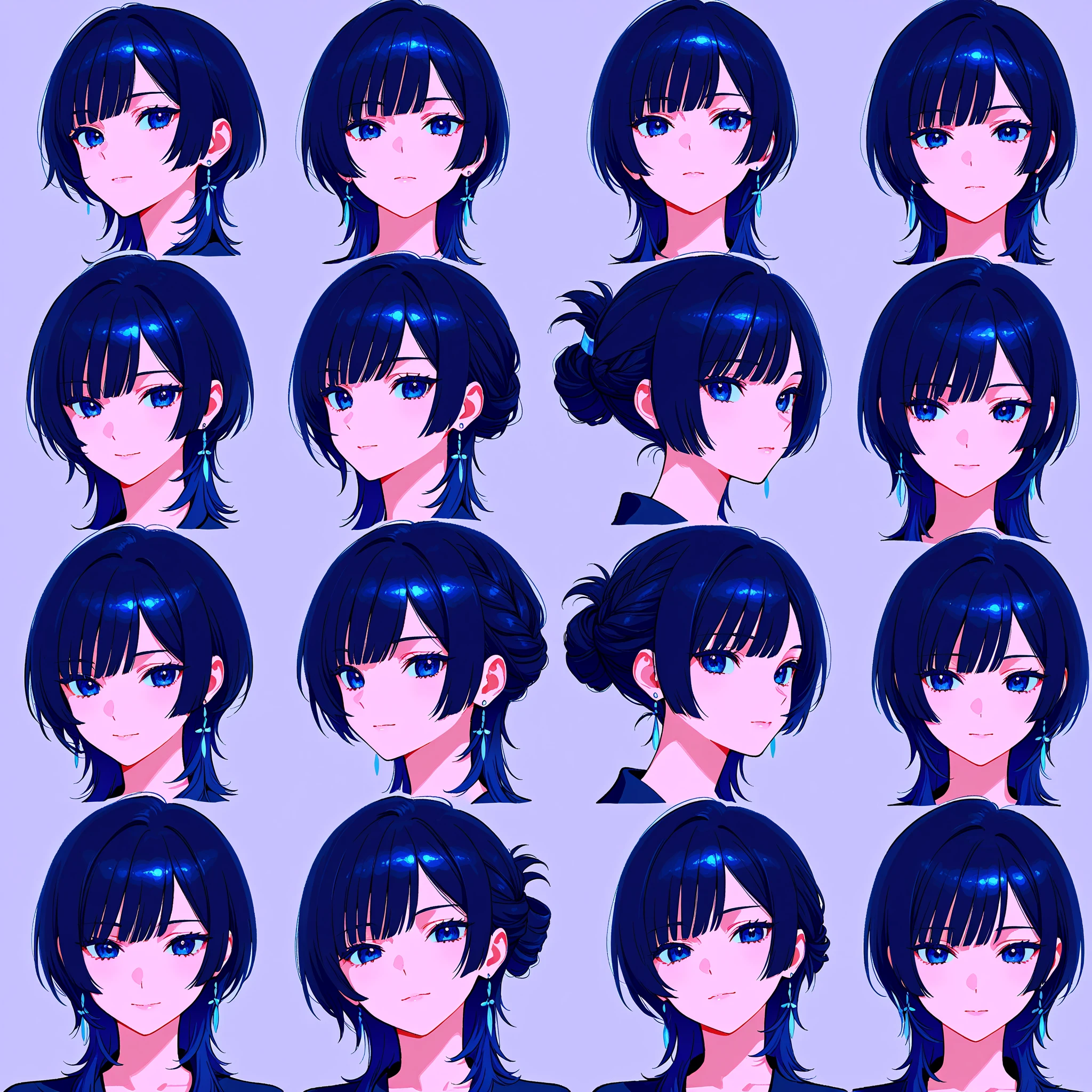 ((1girl)), lexaiduer,office lady, violet hair, beautiful, character turn around, manhwa style, smooth skin, ((masterpiece)), soft skin, smooth shading, Manhwa art style, character head sheet, character head reference, same character different angles, 4k, HD, High Quality, ((Same Girl)), ((Same Face)), ((Same Hair)), ((Same Character)), Purple Hair all faces, Same Head, Bangs, Long Hair,
