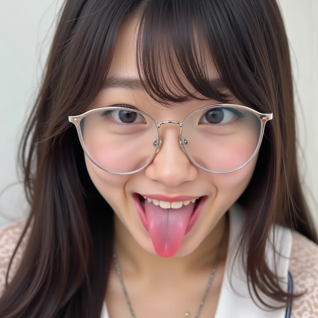 woman, beautiful girl, 、 Baby Face, Realistic skin of the highest quality, Eyes are focused, 20-year-old, Sticking out tongue, Focus on the mouth, Open your mouth, Long Tongue, saliva, Open your mouth , You can see inside the mouth, Open your mouth Sticking out tongue, Realistic tongue、Provocative eyes、look up、attractive、Wearing glasses