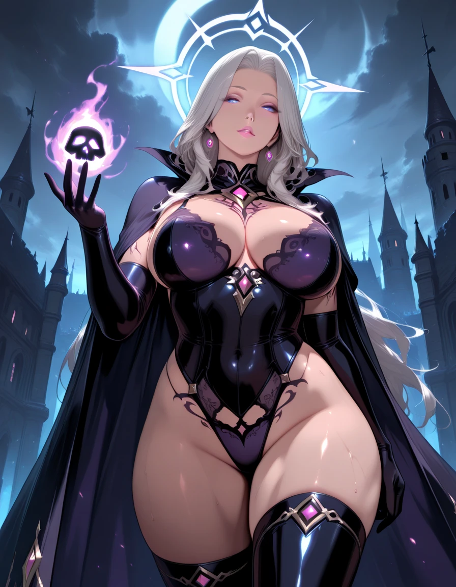 Zelda turns Into a sexy, beautifull and attraktive dark sorcoress, big and wide black dress, giant waist, staff in Hand, smiling, long and dark cape, giant witch hat, majestic, giant breasted 1:10, bimbo, big purple lips, big purple eyes