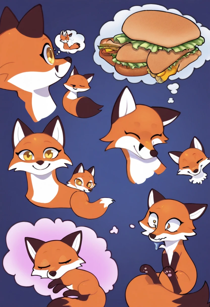 red fox, cute, beautiful, feral, digitigrade, yellow eyes, smiling blissfully, drooling, sleeping fox, eyes closed, curled up, thought bubble, dreaming, in the thought bubble: the fox is salivating over a delicious chicken sandwich it found in the dream, chicken sandwich