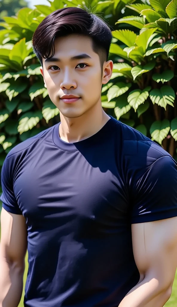 Masterpiece, best quality, high resolution, realistic, handsome, Take beautiful photos, Sayk, NRF, Photo of the 35 year old gym association (The man has a thin mustache.:1.1),Full body, Portrait, standing in the garden , make military media, weight, Amazing , Buzzcut short hair,stubble head , (Hyper Muscle),looking at the audience, Flirt with the camera, charming, (Tight navy blue workout shirt. ),(GS-Male:1), 8K,Bokeh,Portrait,look at the viewer,