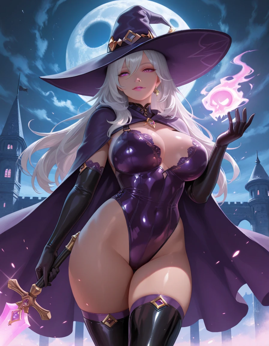 long white hair witch, purple outfit with high boots and hat, castle, confident, dominant queen, elegant, 1girl, detailed face, beautiful detailed eyes, beautiful detailed lips, extremely detailed eyes and face, long eyelashes, intricate detailed dress, high quality, 8k, detailed, photorealistic, hyper detailed, cinematic lighting, moody lighting, fantasy, vibrant colors, deep purple