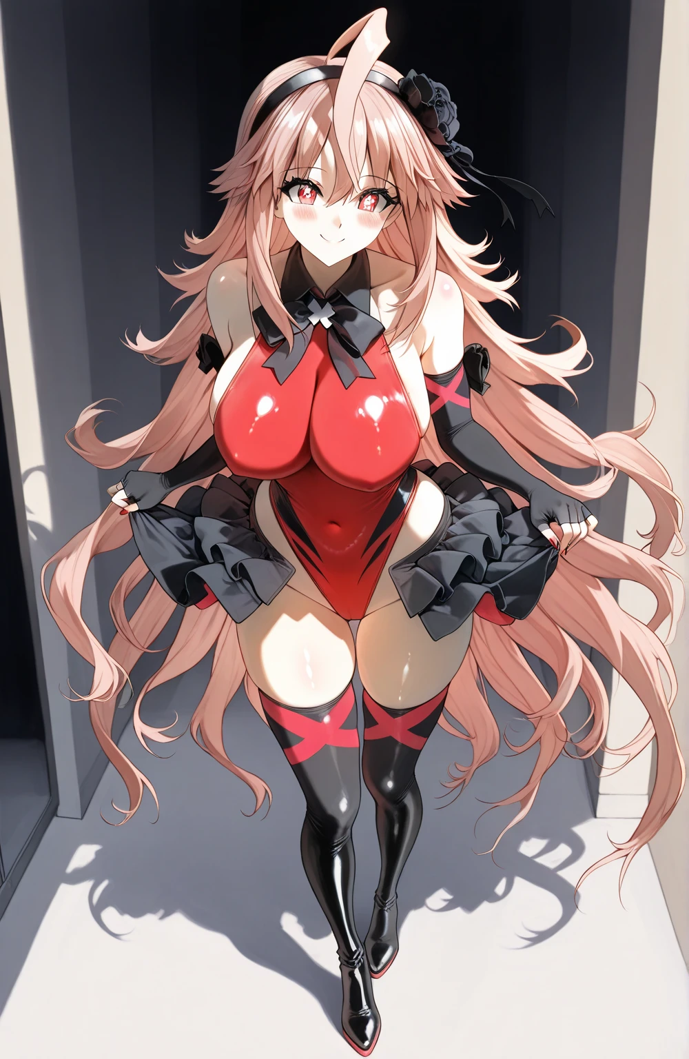 best quality, ultra-detailed masterpiece, nino nakano, blush, smile, (red leotard:1.2), elbow gloves, halter neck,bare shoulders, victory pose, (See-through clothes), pussy focus