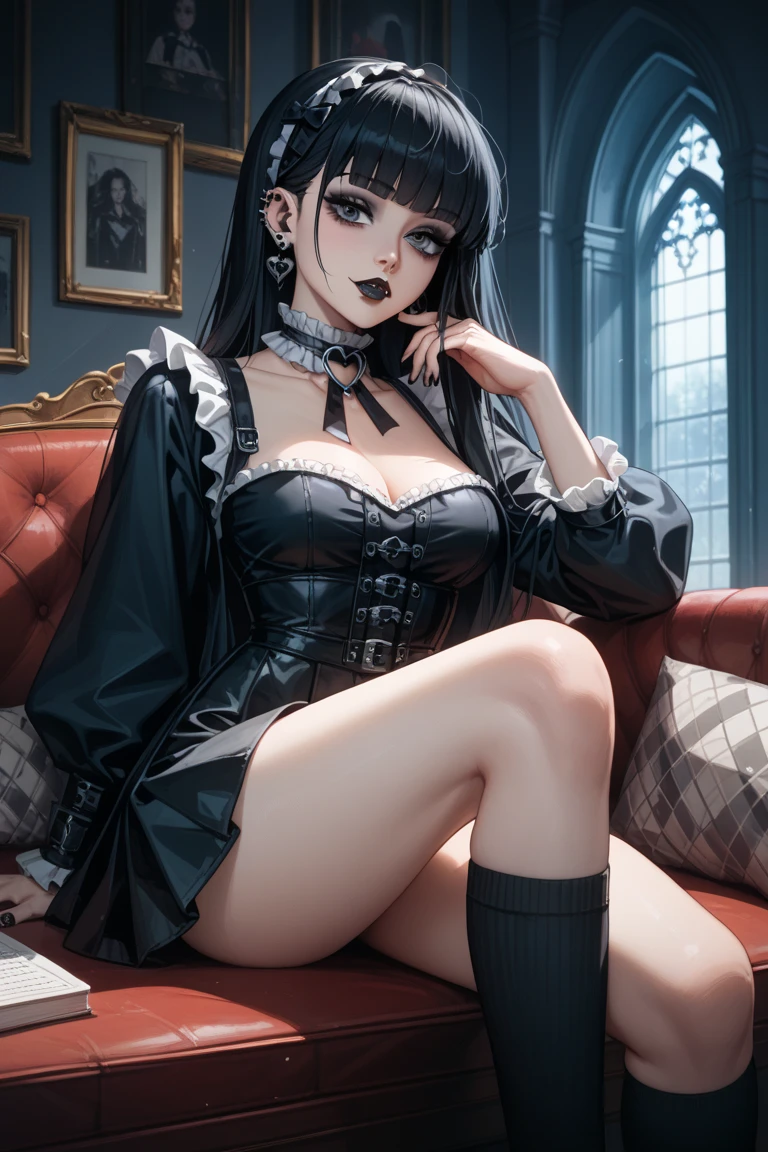  A gothic punk goth girl, perfect face, beautiful Asian woman with long White hair in curls and coils, very cute and           beautiful girl, (highly detailed beautiful face), high detailed fingers, (Blood Red corset) detailed face, curled hair
]cowboy shot, looking at viewer, Standing, white panties. intricate details, cinematic scene, detailed background, solo, dynamic angle,  ((beautiful big blue eyes looking down at the viewer, black shiny lipstick, perfect Asian goth cyber makeup)) double d breast, detailed cute face, white hair, gothic punk fashion, highly detailed gothic fashion, short skirt, heavy make up,),(dark black lipstick), size, Backlight effect, lens flare, depth of fields, blurry background, Detailedface,1 girl, Detailed eyes, ,(thigh up shot image :1.5), Black gloves, laying  on a leather chaise lounge, looking up