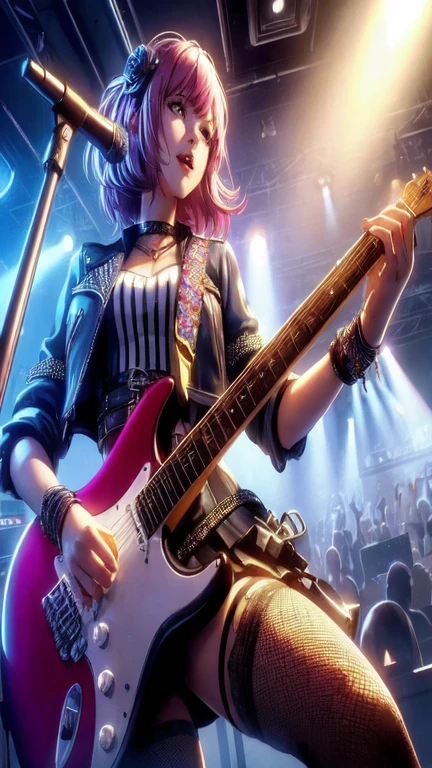 Um mulher bonita, cabelo (( preto )),batom(( vermelho)), olhos(( roxo)),cantando, com um guitarra.