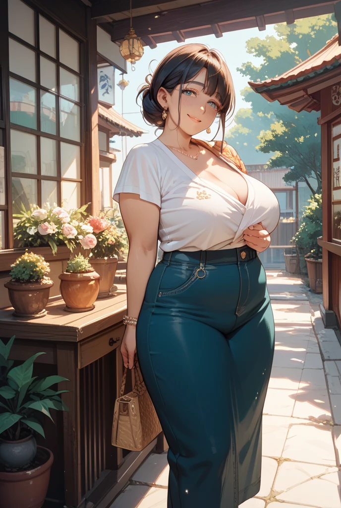 (Attack on Titan) An enormous titan woman (cute maniac face extra huge mouth, dark hair, small pot belly, big butt, painted toe nails) merrily stomps down the streets of Tokyo, she has her mouth open and drooling. The woman (cute, miniskirt, airy blouse, high heels) she wants to eat has fallen and twisted her ankle and is now sobbing on the street. Came is low at the victim looking up at the hungry Titan