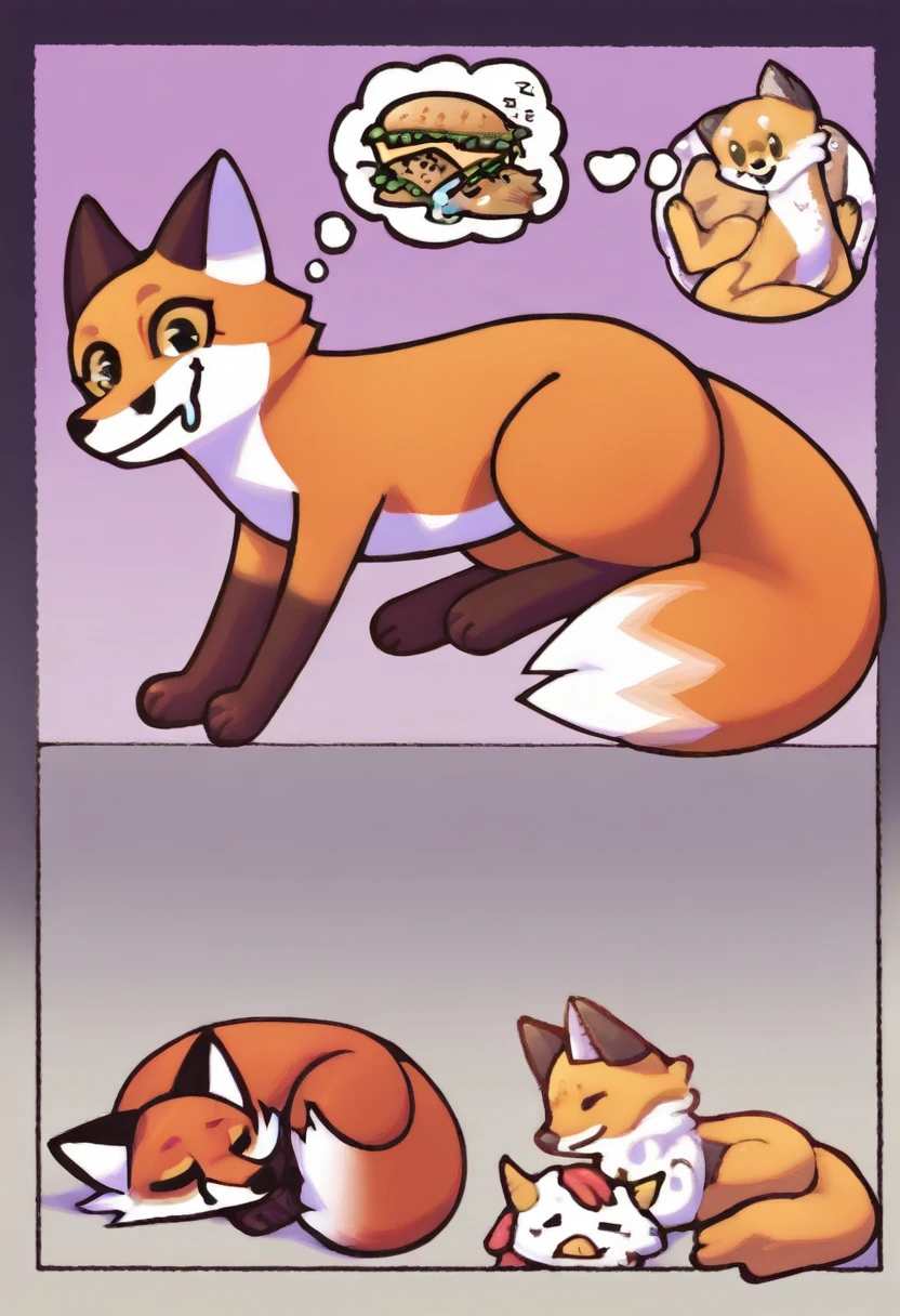 red fox, cute, beautiful, feral, digitigrade, yellow eyes, smiling blissfully, drooling, sleeping fox, eyes closed, curled up, thought bubble, dreaming, in the thought bubble: the fox is salivating over a delicious chicken sandwich it found in the dream, chicken sandwich