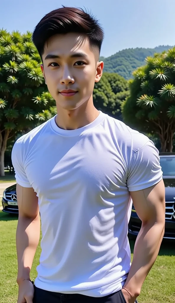Thai man ,man,He is about 30 years old.,Rough and handsome appearance,Big muscleuscleหน้าอกขนาดใหญ่,(white polo shirt park:1.3),Jeans ,Big waistline,chest hair,sitting on the roadside,Wearing the tongs,buzz cut, angry, sullen, best quality, Masterpiece,(outdoor background road :1.5),(Have muscles:4.5),(fat:1.5),(gray hair:1.5 ),(gray body hair:1.5),(skin wrinkles:1.5),(shine on the skin:1.5),(best quality,High resolution,Masterpiece:1.2),The eyes are natural and delicate.,1 person,alone,gay asian,muscle,Long legs,brave,short hair details,conjunctivitis ,stalwart,brown eyes,in the bedroom,