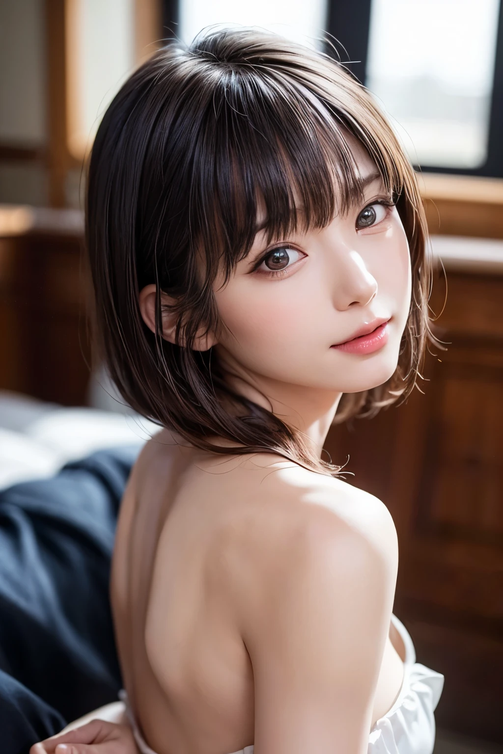 masterpiece、highest quality、High resolution、Realistic、Bright lighting、Professional Lighting、Face Light、Smooth lighting、Japanese women、Adult、nude,Beautiful woman、I can see her ,Small nipples,Protruding nipples,No clothes,Emphasize the breasts,、gravure、sexy、so beautiful、Beautiful Skin、Beautiful and detailed、Detailed face、slim、moderately、short hair、Brunette colored hair、Brown eyes、Looking at the camera