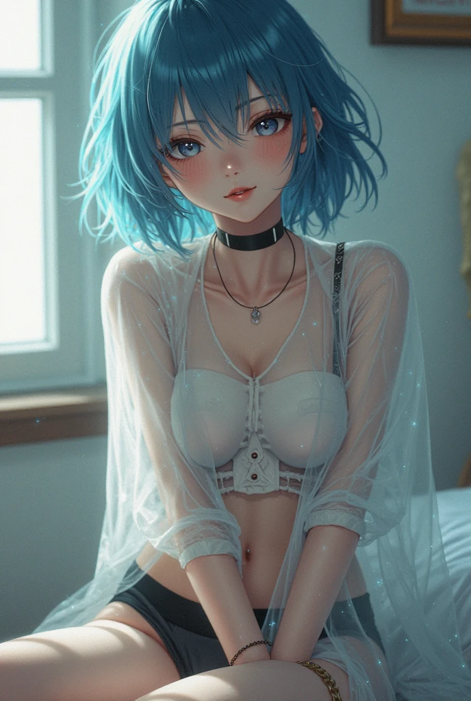 (explicit content warning) [(Masterpiece: 1.1, Best quality: 1.1), shy schoolgirl in uniform showing off, emphasis, panties, sheer, slightly 0.8 blue hair, wet,