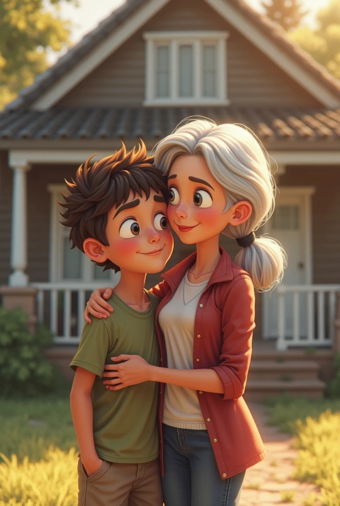 a young boy and grandmother, duduk minum bersama di depan rumah. A detailed scene featuring a young boy. The boy has short, slightly messy dark brown hair and large, expressive eyes with a thoughtful yet determined expression. He wears slightly wrinkled t-shirt, black knee-length shorts, and brown sneakers. On his wrist is a simple watch. A detailed scene featuring a grandmother, white shoes.
