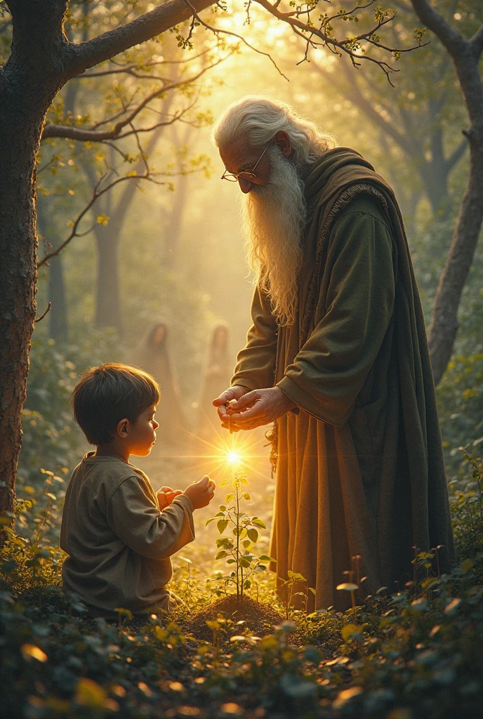 "A age boy standing in a quiet forest, looking confused and hopeless. In front of him, a wise old man is gently hammering a small glowing wooden peg into the ground. Use dramatic cinematic lighting—dim shadows around the boy, with warm golden light coming from the peg. Light rays symbolize transformation or divine power. The overall atmosphere should feel peaceful, emotional, and spiritual."

Add this text on thumbnail (top or bottom corner):
'One Strike Changed Him'

Bold, clean font

White or yellow text with soft black shadow for contrast

Keep it minimal and not covering the main visual elements
