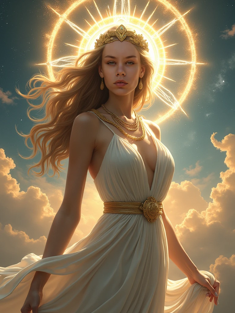 A mediteranean goddess, Golden hair, galatic eyes, wearing greek clothes