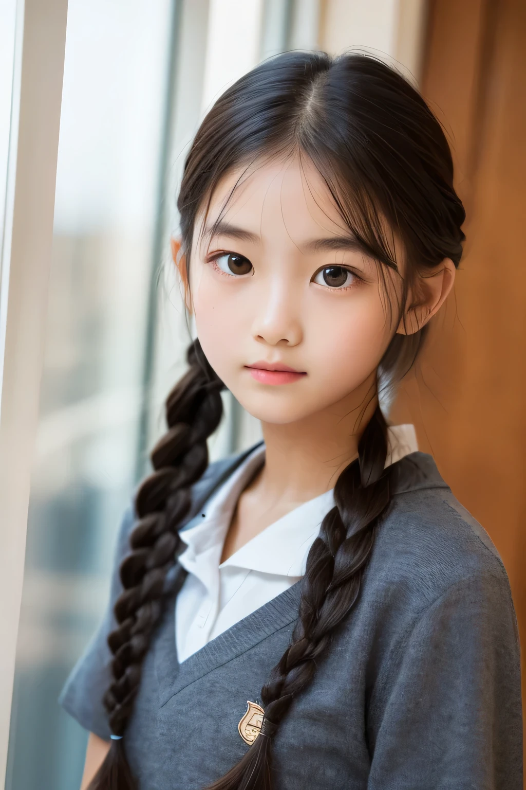 cara de bebe coreana, NSFW, pelo AMARILLO, ojos negros, piel blanca, Cara de huevo de ganso, atmospheric facial features, alto, Seguro y potente, tonificado y regordete, Chicas de secundaria, uniforme escolar, pelo enrollado, topknot, con horquilla, rosa roja, mariposa azul, conejo blanco, cartelera, Calidad oficial, misterioso, luz y sombra, proporciones correctas, aesthetics, atmosphere,