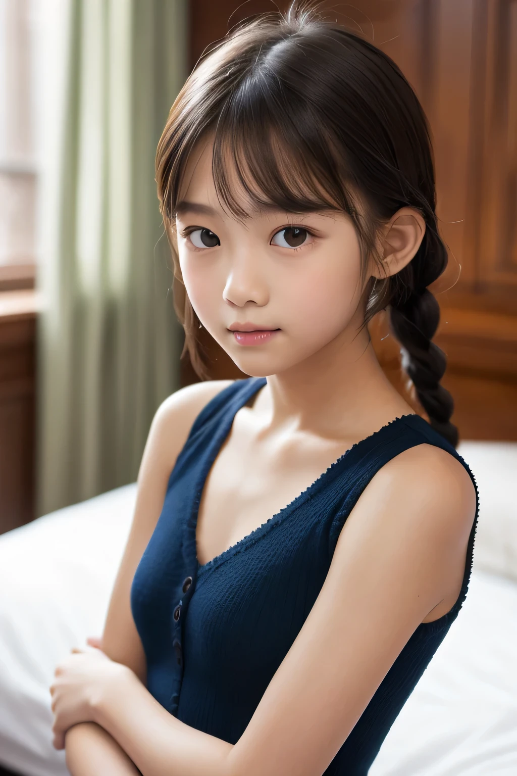 ((Highest quality)), ((Photo quality)), (detailed), Perfect Face,12 years old,bed,Upper Body,ponytail,dress