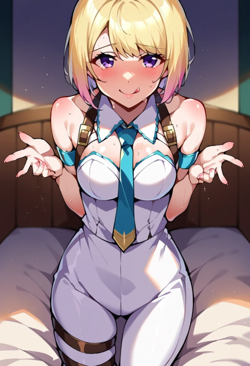blonde, short hair, girl1, sleep in bed, upper body, completely nude, (small nipples:1.2), (small areolas:1.2),
kawaii, cute, pale purple eyes, blue sailor uniform lift, blue bowtie, (open white shirt),